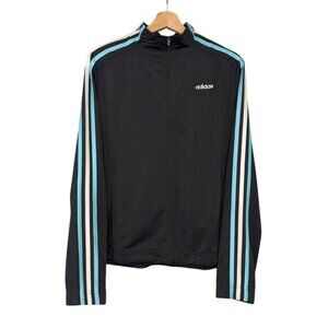 Vintage Y2K Adidas Track Jacket Black Blue 3 Stripes Spellout Zip Womens Size XL